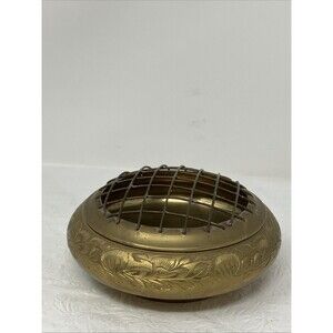 Vintage Etched Solid Brass Rose Incense Bowl with Domed Flower Frog 4.5"x2"